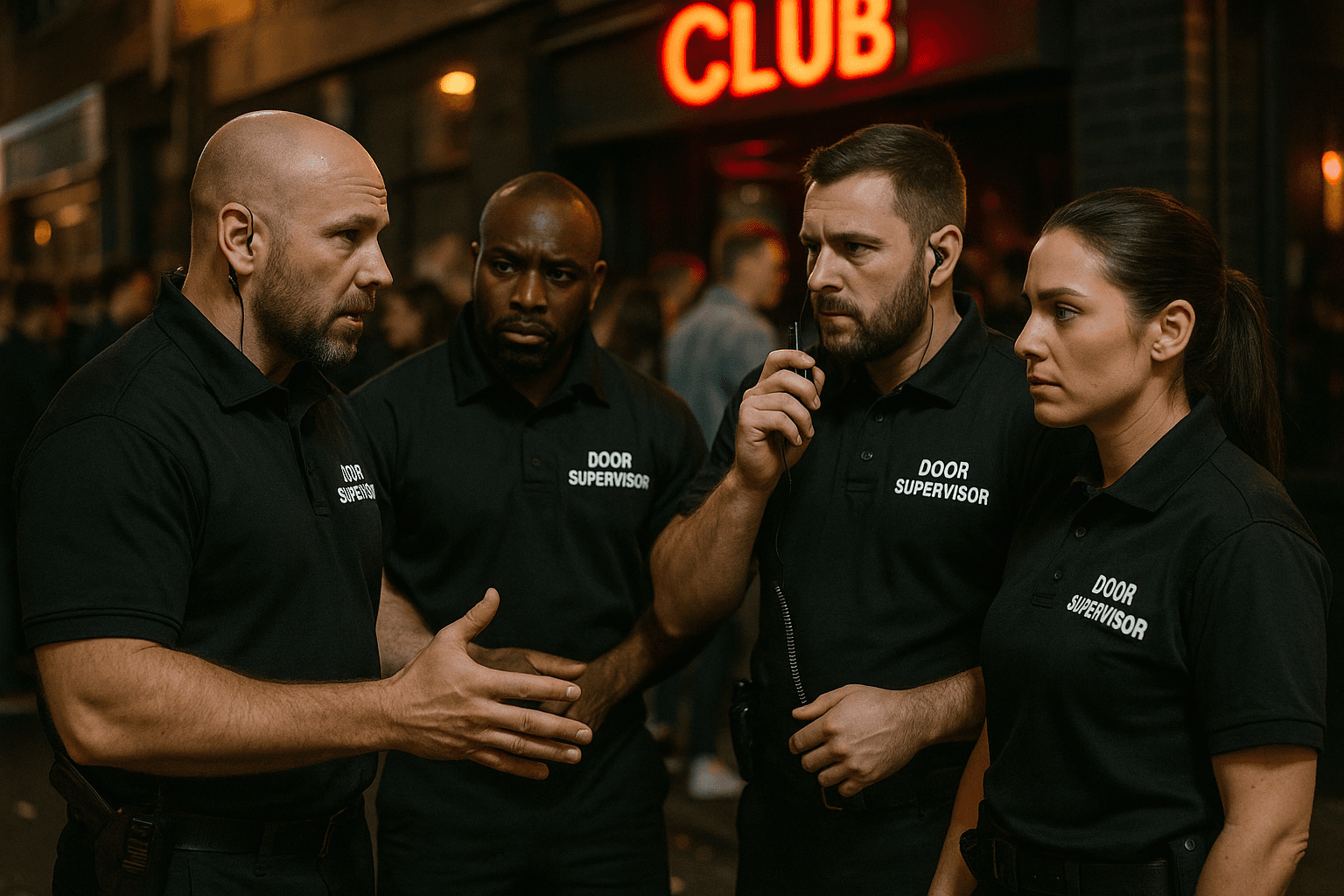 A male and female door supervisor, professionally dressed, standing at the entrance to a busy city bar.