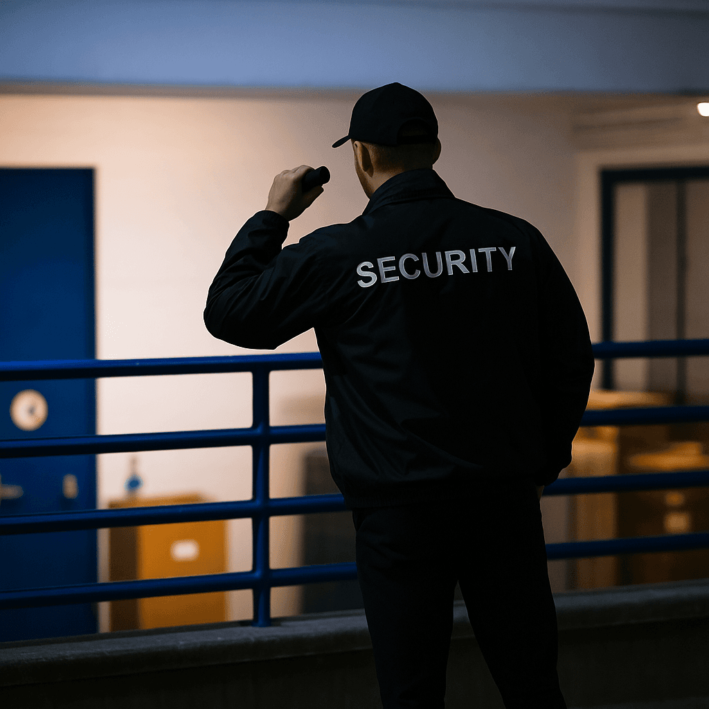 A professional retail security guard in a smart uniform standing attentively at the entrance of a high-end store.